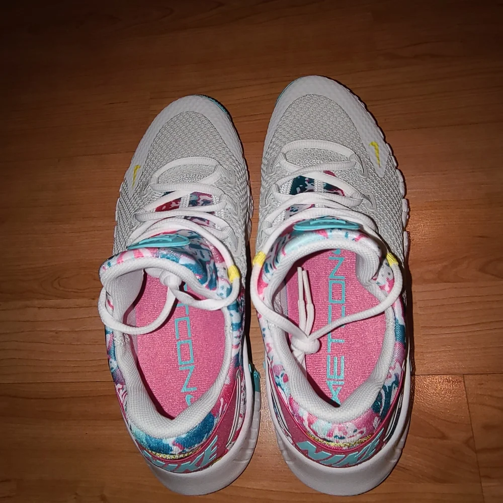 Nike White Sneakers with Teal, Pink and Yellow Accents